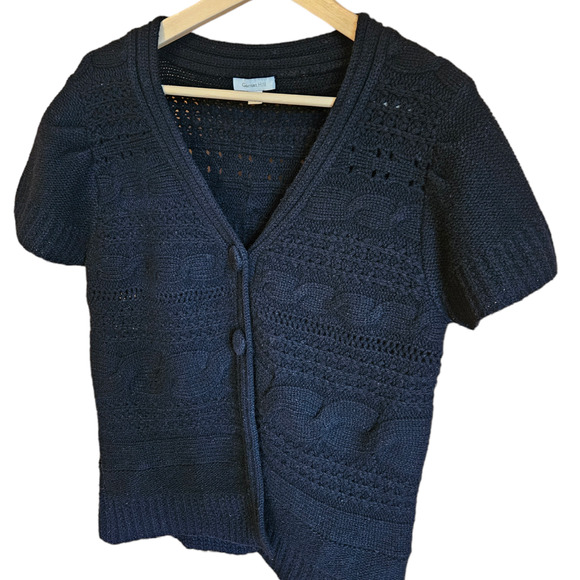 Garnet Hill Short Sleeve Cartigan Sweater Lambswool Black Women's Large - Picture 2 of 8